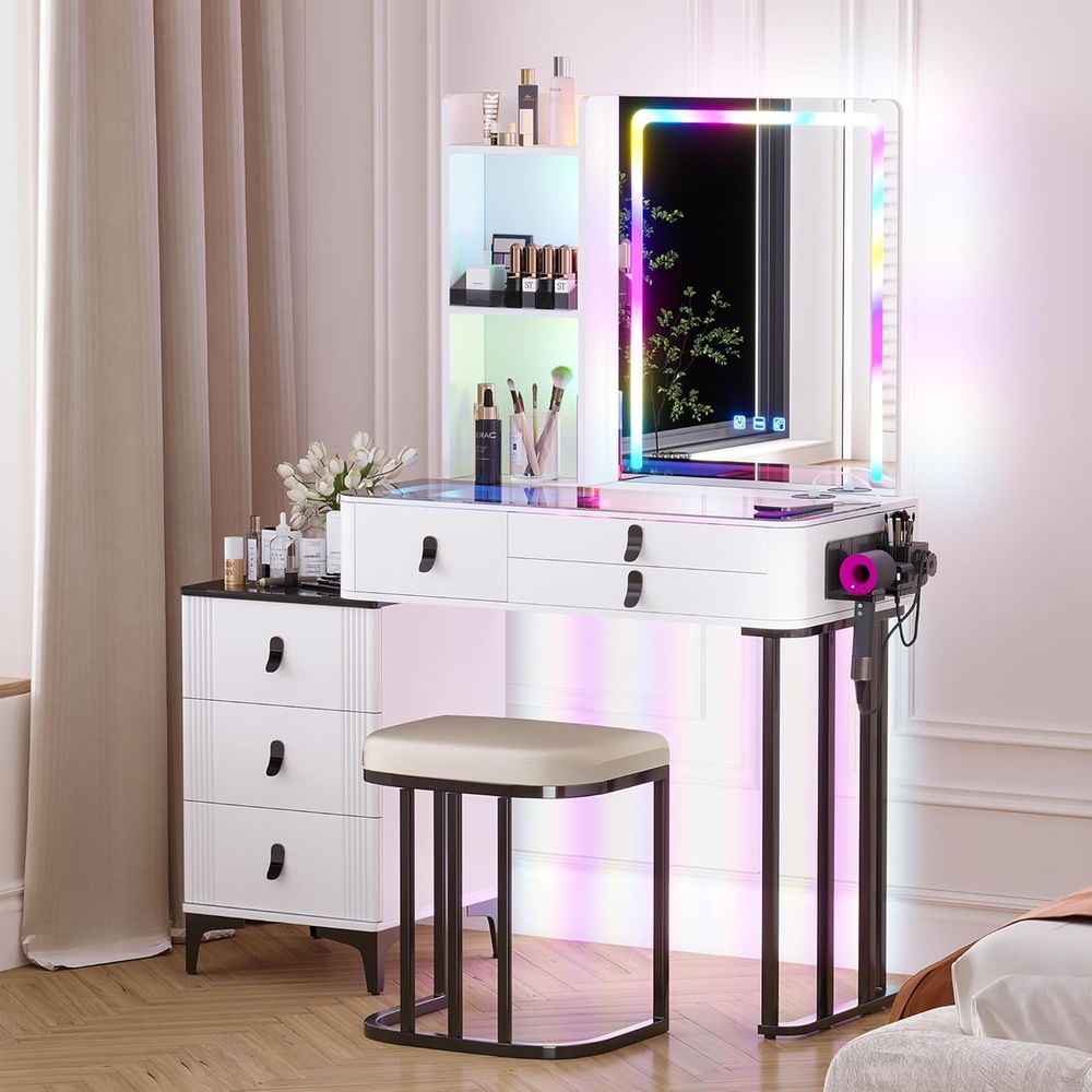Furniture Lighting & Decor Magazine - โต๊ะเครื่องแป้ง Gurexl RGB พร้อมแท่นชาร์จไร้สาย, โต๊ะเครื่องแป้งพร้อมไฟและกระจก, ชุดโต๊ะเครื่องแป้งแบบหรี่แสงได้