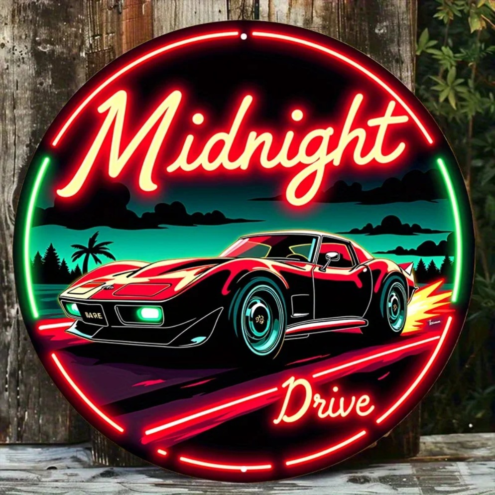 Lighting Decor Ideas - ป้ายไฟนีออนวินเทจลายรถ Midnight Drive – ป้ายโลหะศิลปะ LED