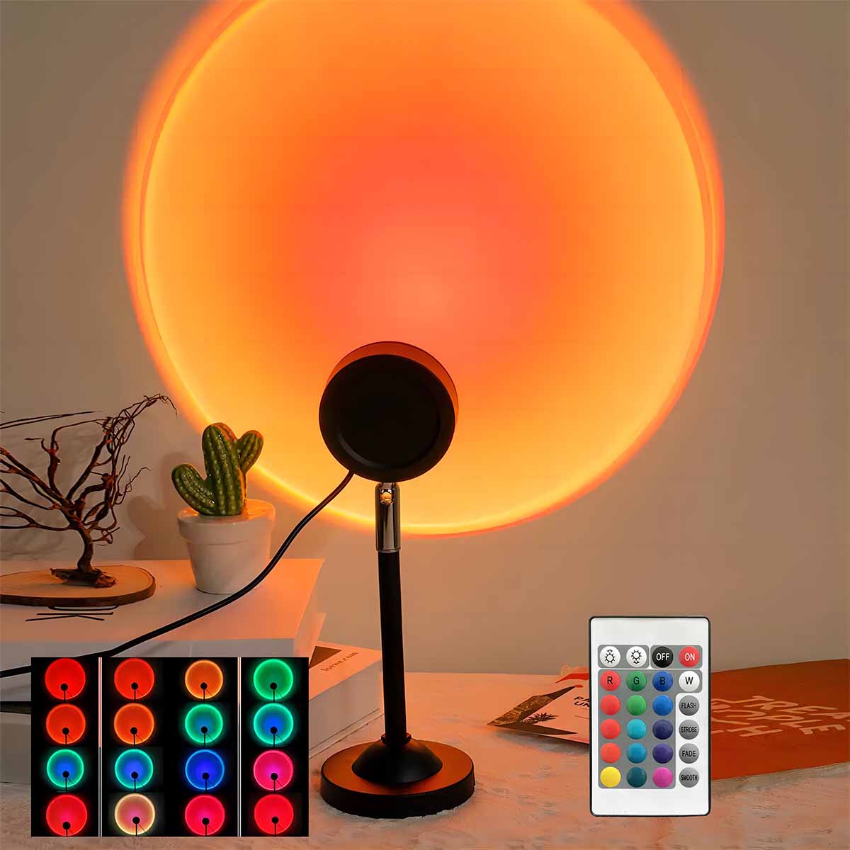 Sunset Lamp Projection - ไฟฉายโปรเจคเตอร์แสงพระอาทิตย์ตกพร้อมรีโมทคอนโทรล 16 สี ไฟบรรยากาศยามค่ำคืน ตกแต่งห้องนอน ฉากหลังถ่ายภาพ